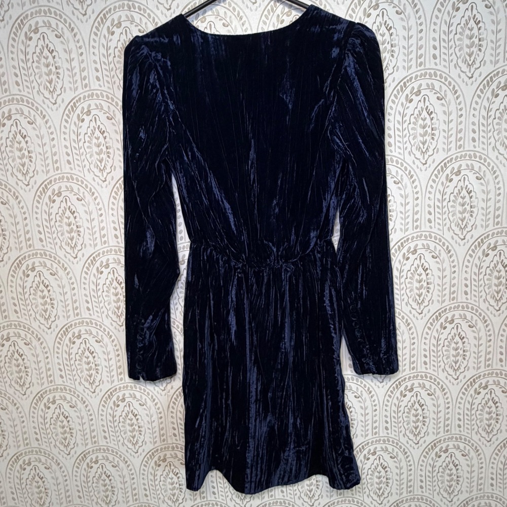 H&M Navy Blue Crushed Velvet‎ Wrap Mini Dress Long Sleeve Size 2 NWT